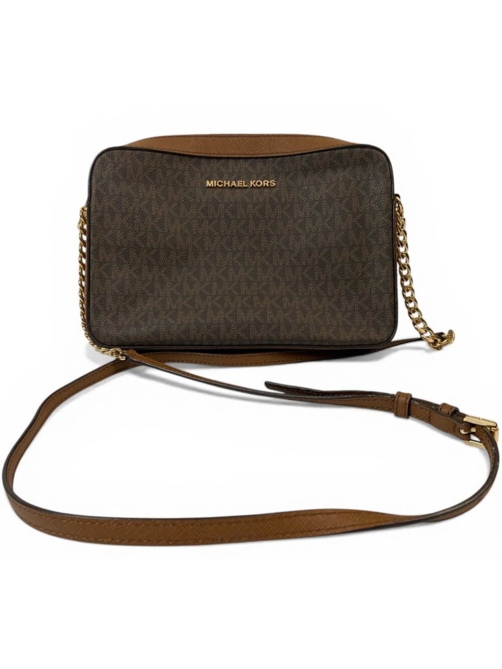 Michael Kors Crossbody Bag Brown Saffiano Leather Gold Chain Strap